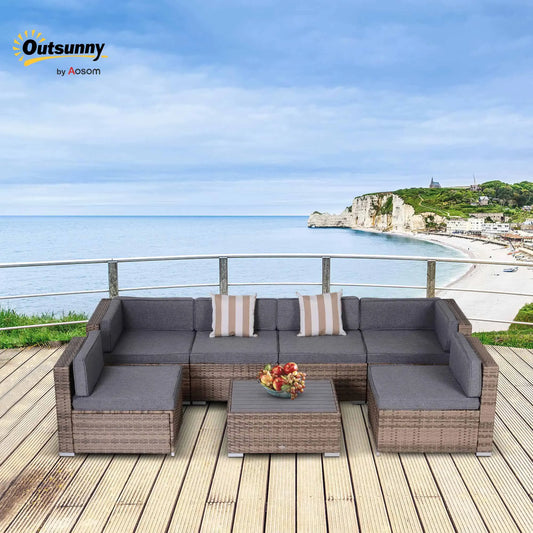7 Piece Rattan Sofa Luxury Modular Outdoor Lounge Furniture, Grey