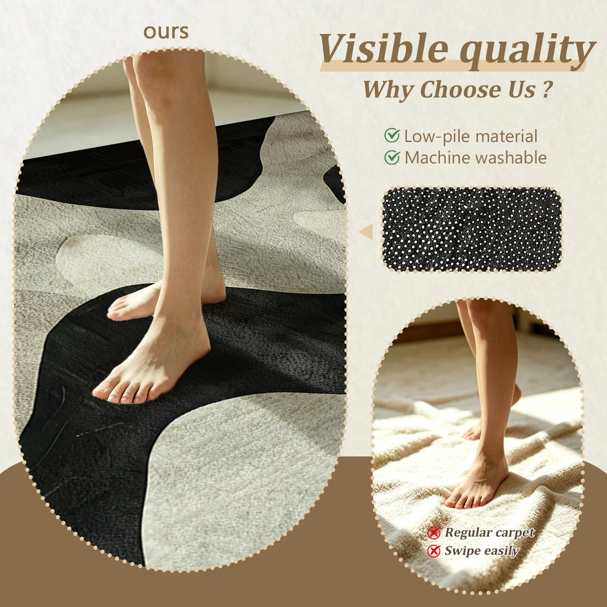 Large Indoor Area Rug, Soft Velvet Low Pile, Non-Slip Dotted Backing, Machine Washable Abstract Organic Black & Cream Pattern Rug for Living Room Bedroom Entryway