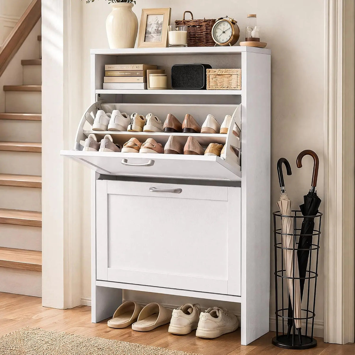 Shoe Storage Cabinet with Double-Layer Top for Entryway | Hidden Shoe Organizer Cabinet with 2 Flip Drawers for Hallway, Hidden Shoe Rack Cabinet White