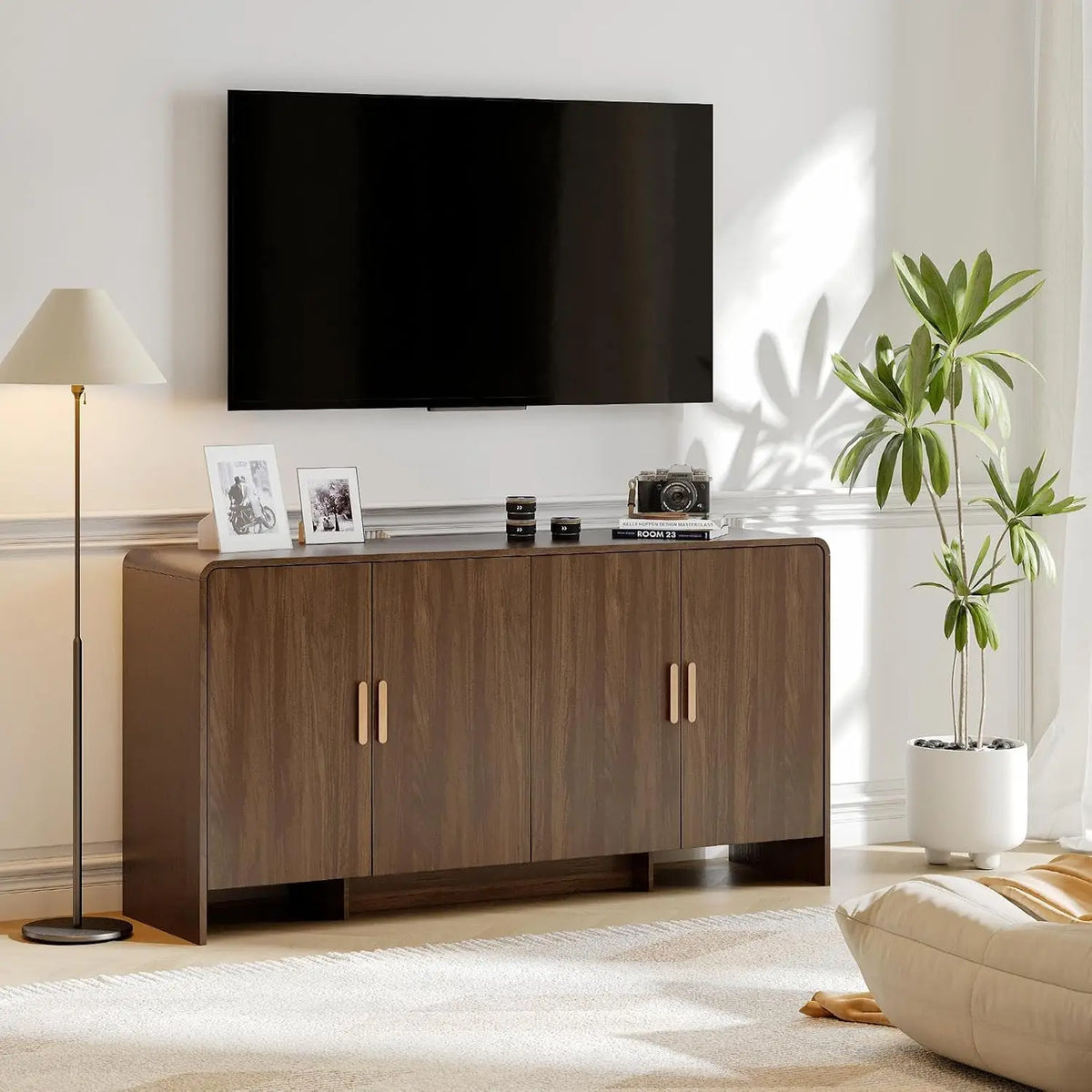 60 Inch Sideboard Cabinet with Adjustable Shelves & Storage - Mid-Century Walnut Buffet Cabinet for Living Room, Dining Room, Kitchen | Solid Wood Frame Coffee Bar Console Table