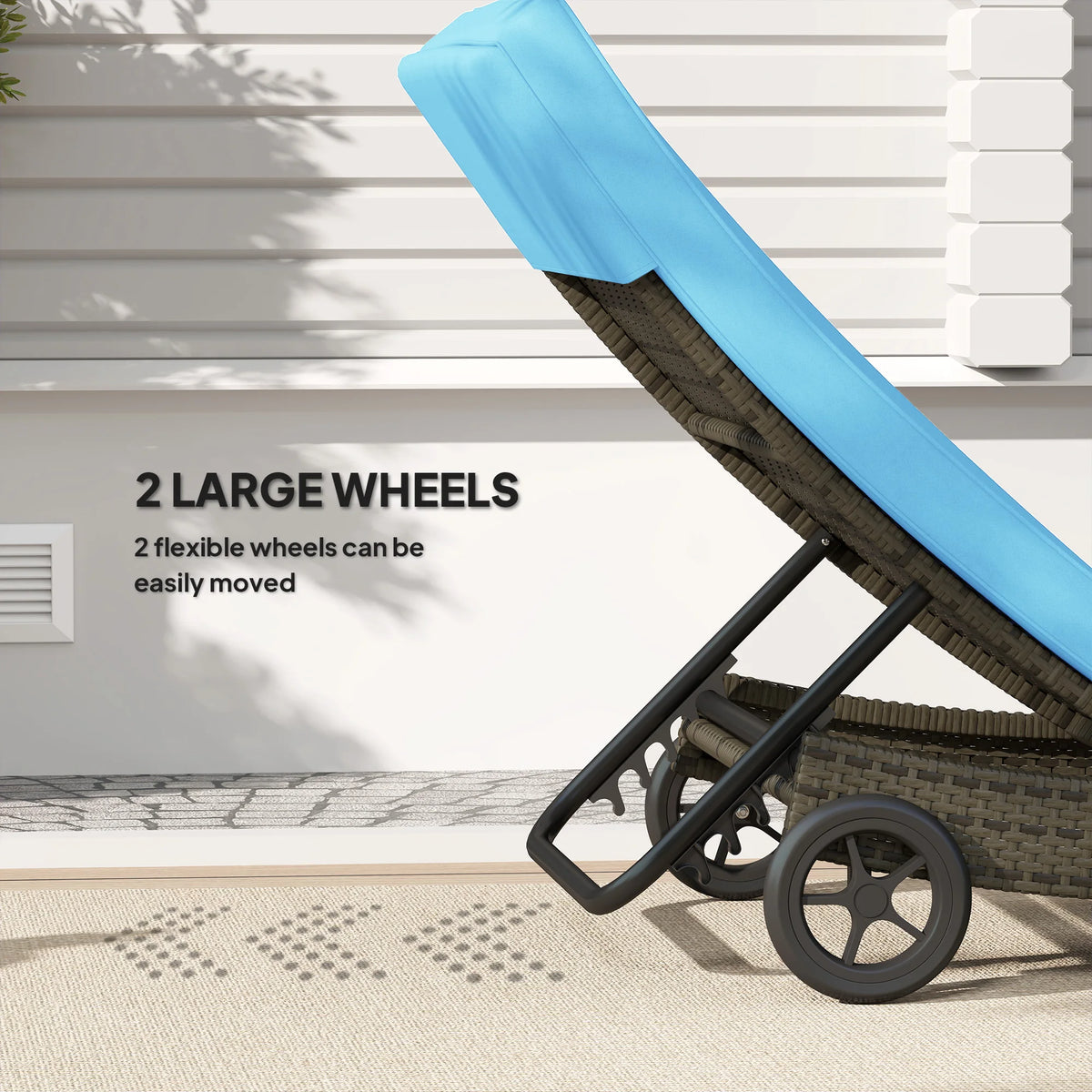 Outdoor Reclining Lounge Chair, PE Wicker, Rolling Wheels, Patio, Sky Blue