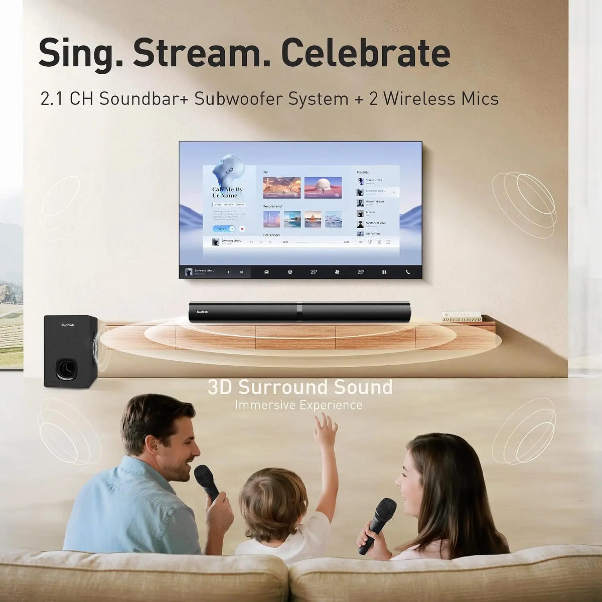 Home Theater Soundbar with Subwoofer and Dual Wireless Karaoke Mics - Bluetooth 5.3 TV Speaker System, Surround Sound with HDMI ARC, Optical, AUX, USB Inputs, 280W Peak Power for Movies, Music and Family Parties
