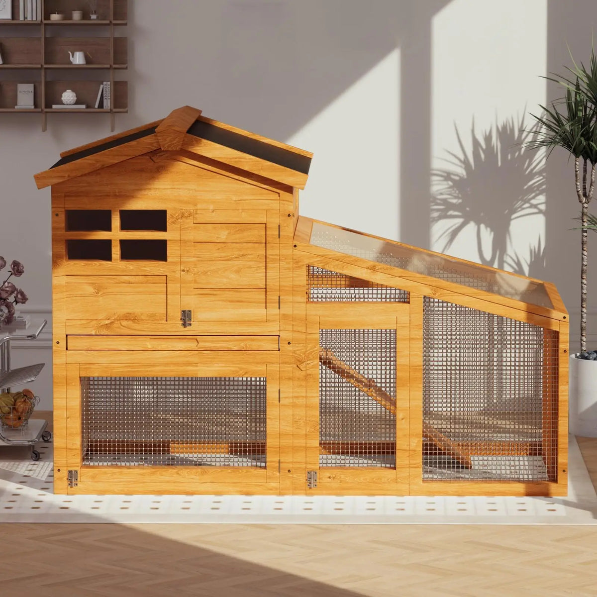 Double Layer Rabbit Hutch – 53.2"l Wooden Bunny Cage with Run, Removable Tray, Weatherproof Asphalt Roof, & Ramp – Indoor/Outdoor Pet House for Rabbits, Guinea Pigs, Chickens