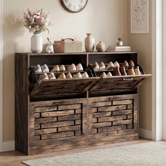 Shoe Cabinet Storage for Entryway with 4 Flip Drawers | Slim Shoe Rack Cabinet with Stylish Handwoven Panel, Farmhouse Shoe Organizer Cabinet for Hallways, Living Rooms Rustic Brown