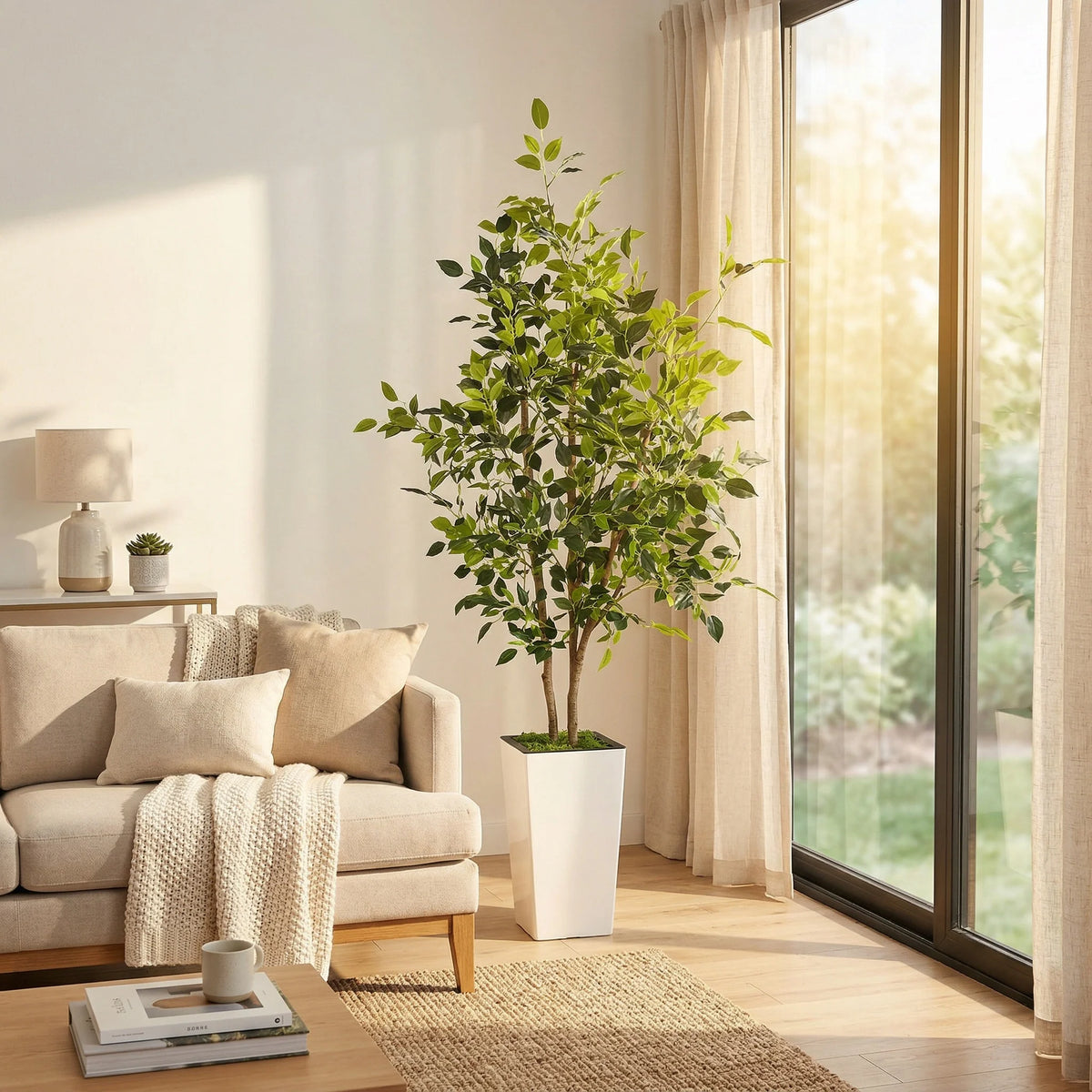 Realistic Artificial Green Plant In Tall White Pot With Textile Foliage And Distinctive Trunk Easy Care Indoor Decoration For Living Room Office Entryway