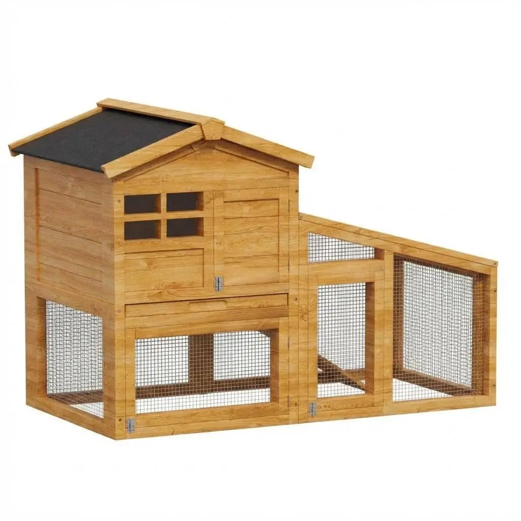 Double Layer Rabbit Hutch – 53.2"l Wooden Bunny Cage with Run, Removable Tray, Weatherproof Asphalt Roof, & Ramp – Indoor/Outdoor Pet House for Rabbits, Guinea Pigs, Chickens
