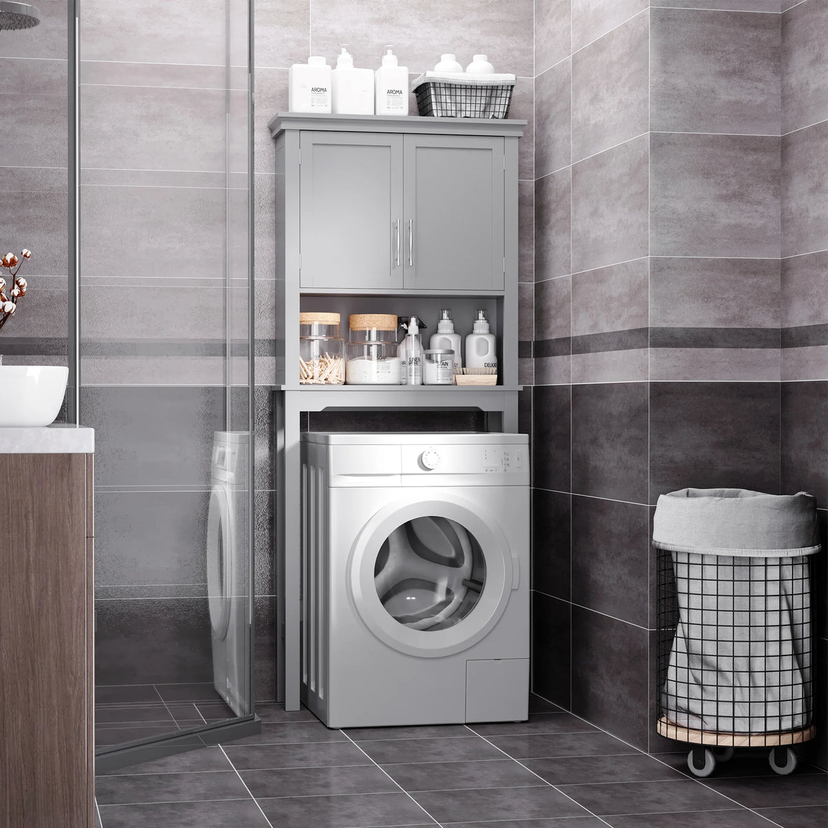 Kleankin Modern over the Toilet Storage Cabinet, Double Door Bathroom Organizer with Inner Adjustable Shelf and Open Shelf, Grey