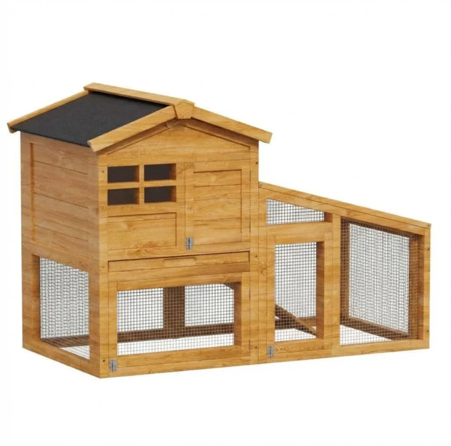 Double Layer Rabbit Hutch – 53.2"l Wooden Bunny Cage with Run, Removable Tray, Weatherproof Asphalt Roof, & Ramp – Indoor/Outdoor Pet House for Rabbits, Guinea Pigs, Chickens