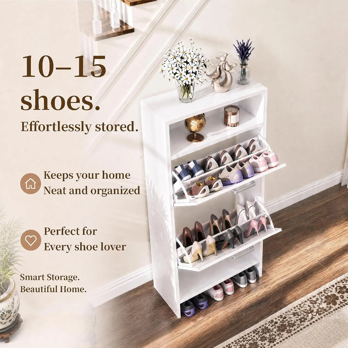 Shoe Storage Cabinet with Double-Layer Top for Entryway | Hidden Shoe Organizer Cabinet with 2 Flip Drawers for Hallway, Hidden Shoe Rack Cabinet White