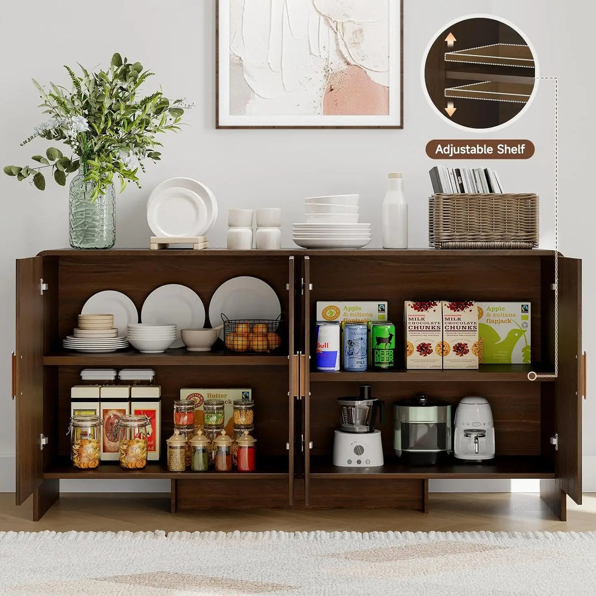 60 Inch Sideboard Cabinet with Adjustable Shelves & Storage - Mid-Century Walnut Buffet Cabinet for Living Room, Dining Room, Kitchen | Solid Wood Frame Coffee Bar Console Table