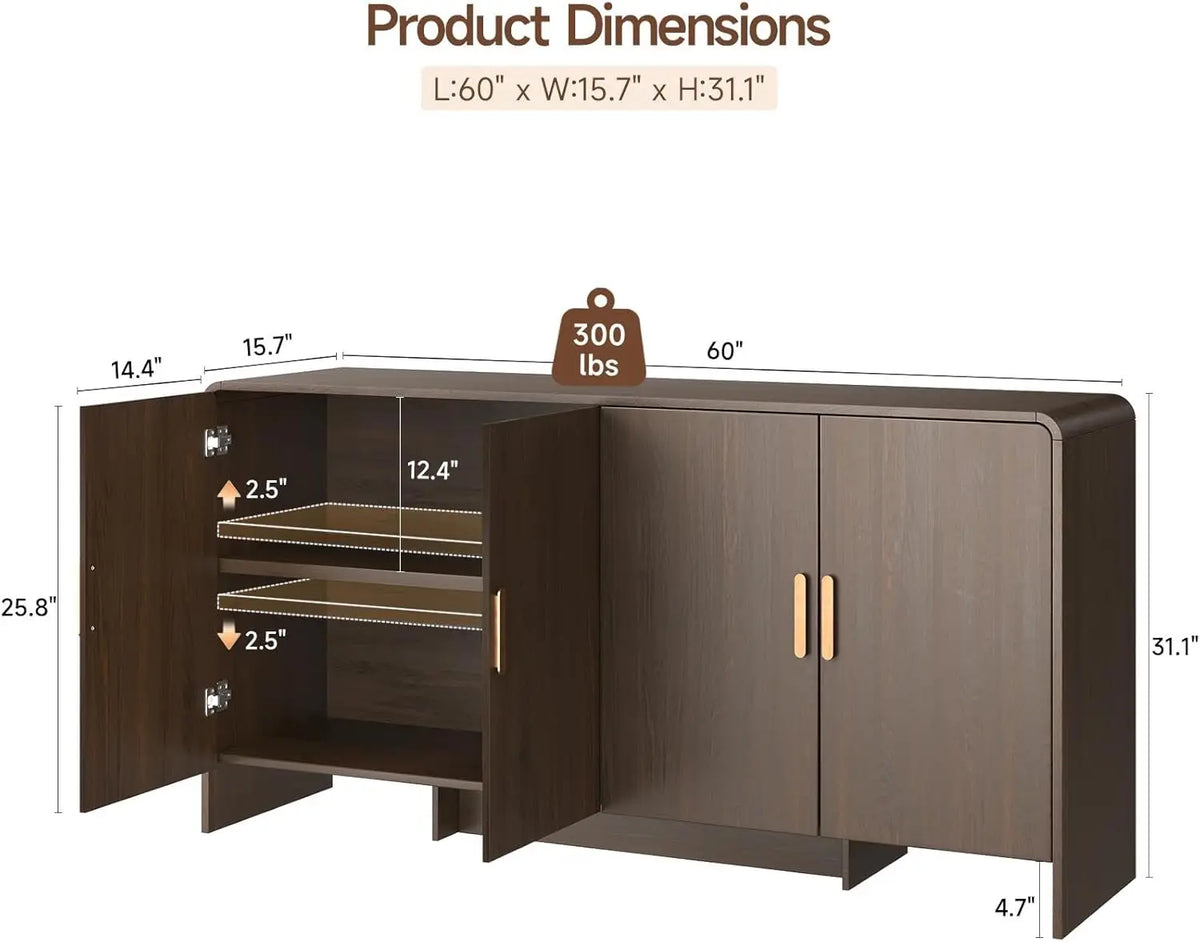 60 Inch Sideboard Cabinet with Adjustable Shelves & Storage - Mid-Century Walnut Buffet Cabinet for Living Room, Dining Room, Kitchen | Solid Wood Frame Coffee Bar Console Table