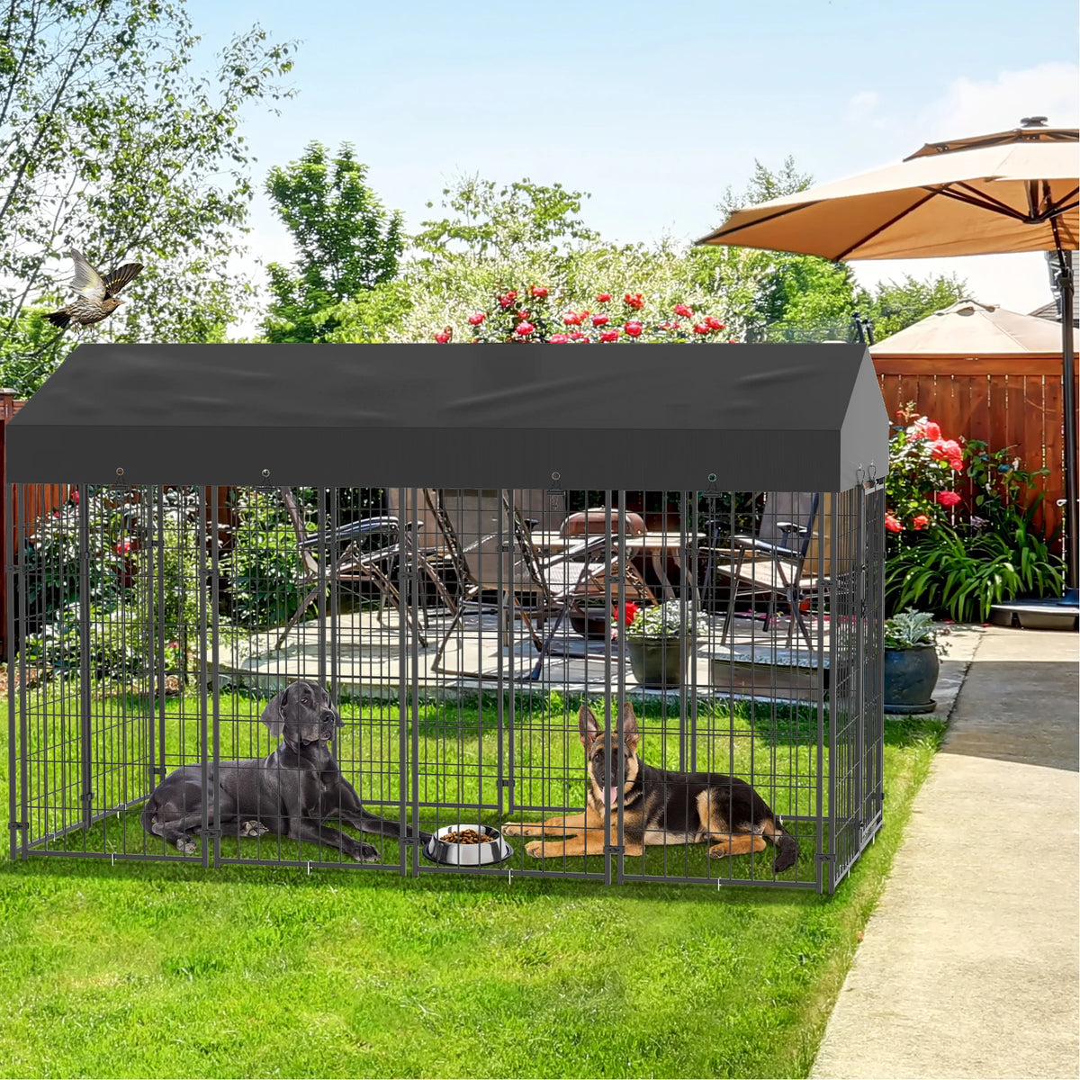BINGOPAW Welded Wire Outdoor Dog Kennel With Weatherproof Canopy Cover