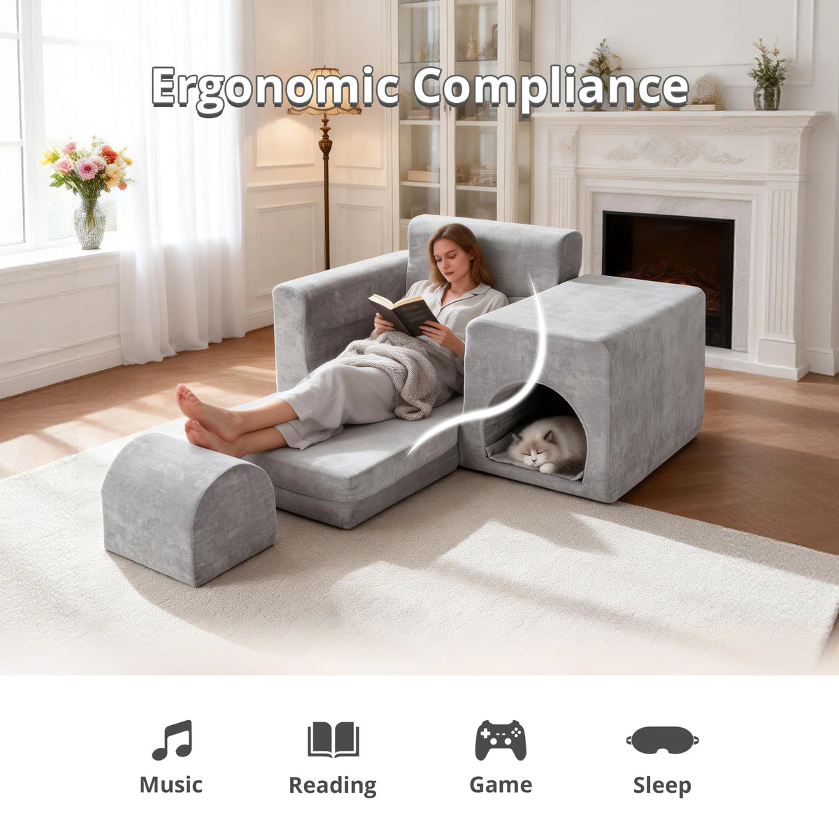 Grey 5-in-1 No-Assembly Sofa Bed with Ottoman Pet-Friendly Easy-Clean Fabric for Small Spaces Dorm Living Room