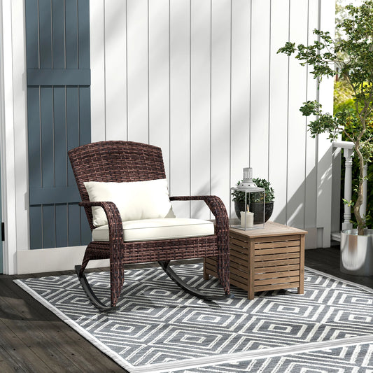 Outsunny Outdoor Wicker Adirondack Rocking Chair with Cushion Cream White