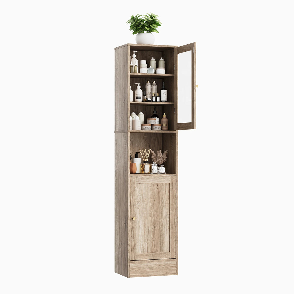 67" Tall Slim Bathroom Storage Cabinet with Glass Doors Adjustable Shelves & Anti-Tip Kit – Space-Saving Linen Tower for Bath, Kitchen or Laundry Room (Gray Wood Grain/Black/White)