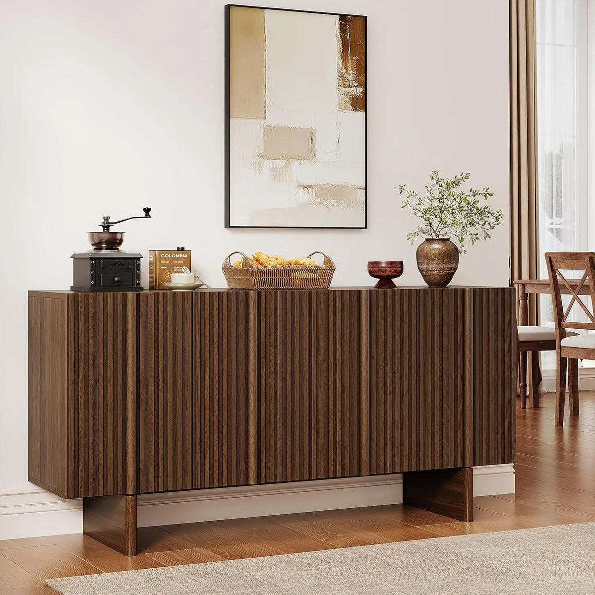 ONBRILL 161cm Fluted Sideboard Cabinet Storage Adjustable Shelves, Mid-Century Modern Buffet Cabinet for Dining Room, Living Room, Walnut