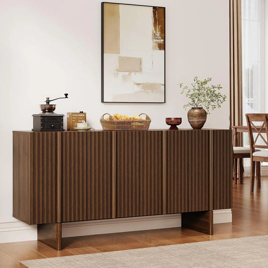 ONBRILL 161cm Fluted Sideboard Cabinet Storage Adjustable Shelves, Mid-Century Modern Buffet Cabinet for Dining Room, Living Room, Walnut