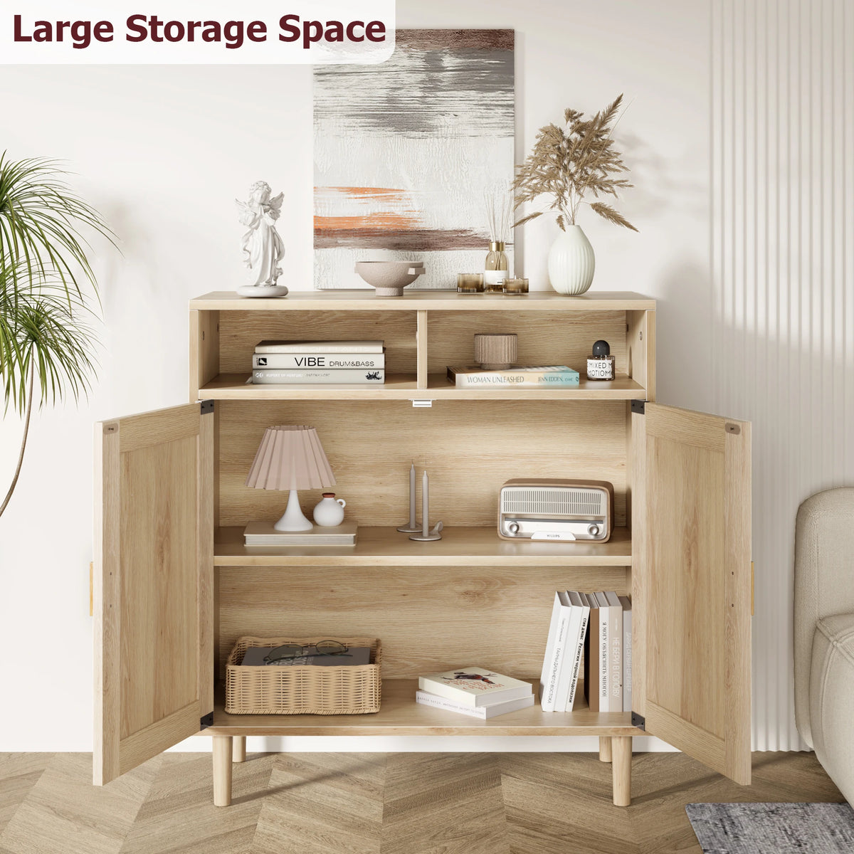 HiMISS Rattan Sideboard Cabinet With Shelves For Living Room Storage