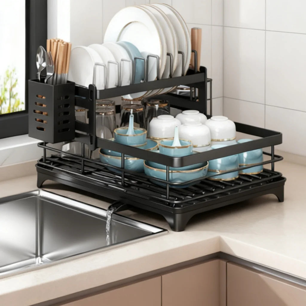 Kitchen Dish Rack 2-Tier Black Rustproof Metal Kitchen Dish Rack for Plates Bowls Cups Drainer Organizer 2026