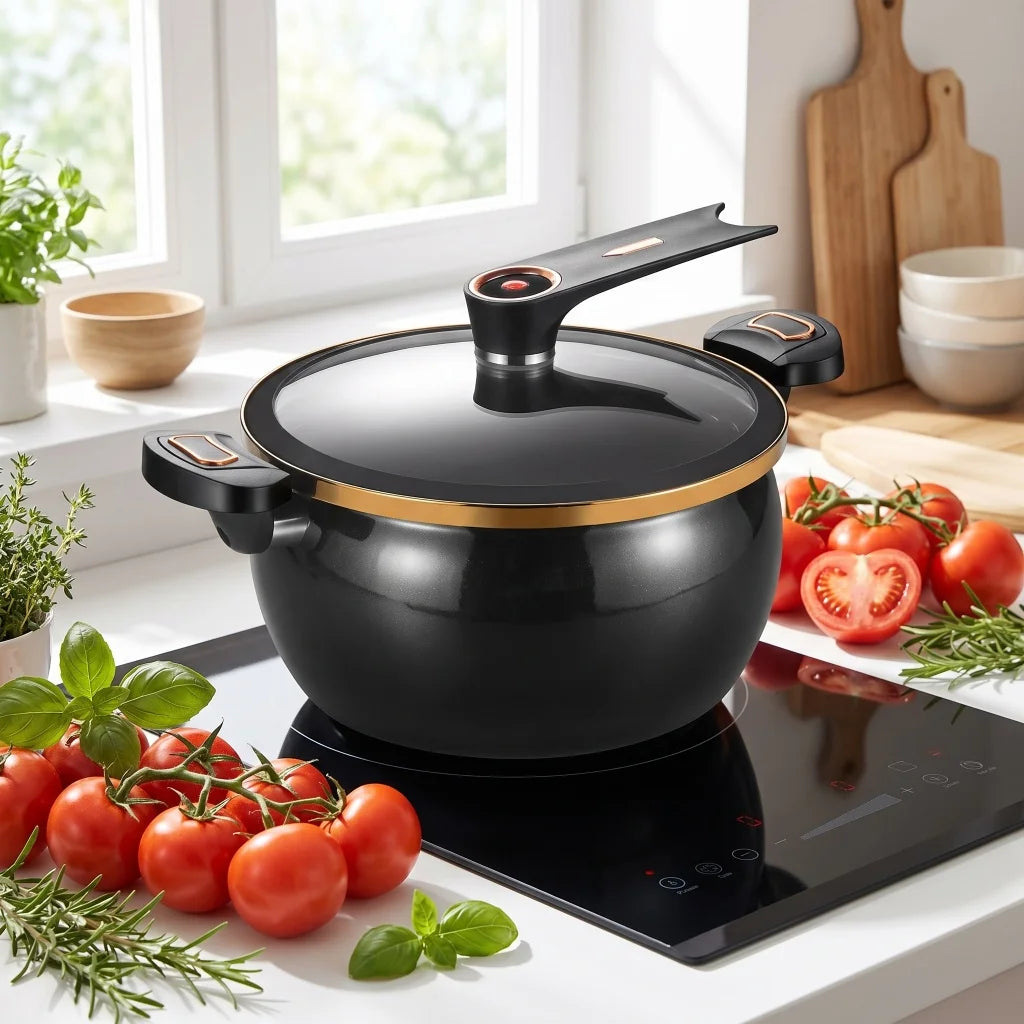 8L Large Black Enamel Micro Pressure Pot Non‑Stick Cookware Fine Iron Pot Body Cast Iron Bottom Glass Cover Universal Stove Compatibility Multi‑Function Stock Pot For Home Kitchen Family Stewing Boiling Braising Cooking U