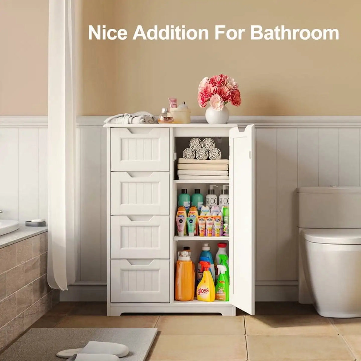 33.5"H Wooden Bathroom Storage Cabinet 4 Drawers with Cupboard and Adjustable Dividers White