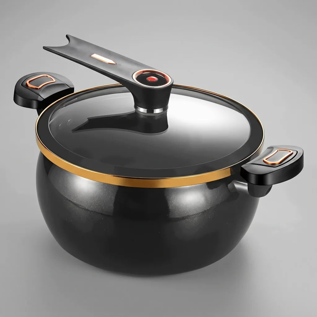 8L Large Black Enamel Micro Pressure Pot Non‑Stick Cookware Fine Iron Pot Body Cast Iron Bottom Glass Cover Universal Stove Compatibility Multi‑Function Stock Pot For Home Kitchen Family Stewing Boiling Braising Cooking U