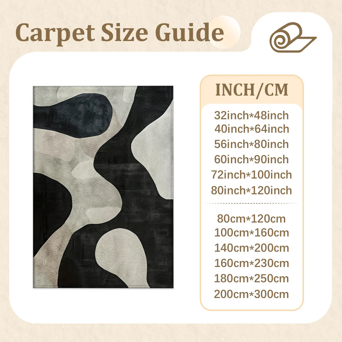 Large Indoor Area Rug, Soft Velvet Low Pile, Non-Slip Dotted Backing, Machine Washable Abstract Organic Black & Cream Pattern Rug for Living Room Bedroom Entryway