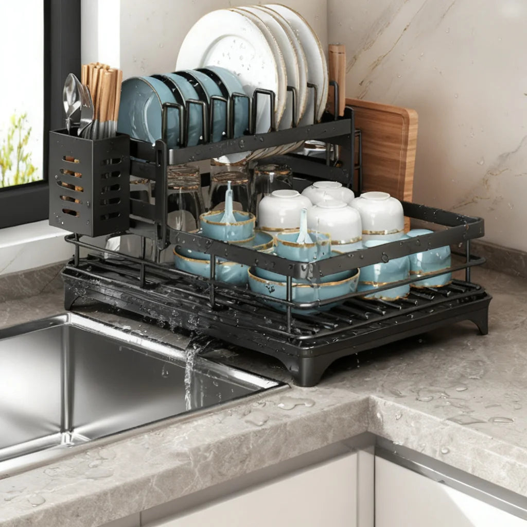 Kitchen Dish Rack 2-Tier Black Rustproof Metal Kitchen Dish Rack for Plates Bowls Cups Drainer Organizer 2026