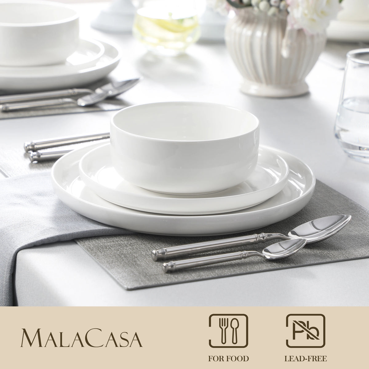 MALACASA 12/24 Piece Ceramic Porcelain Dinnerware Set with 4 Pcs Dinner/Dessert Plates,Bowl Tableware Set Service for 4