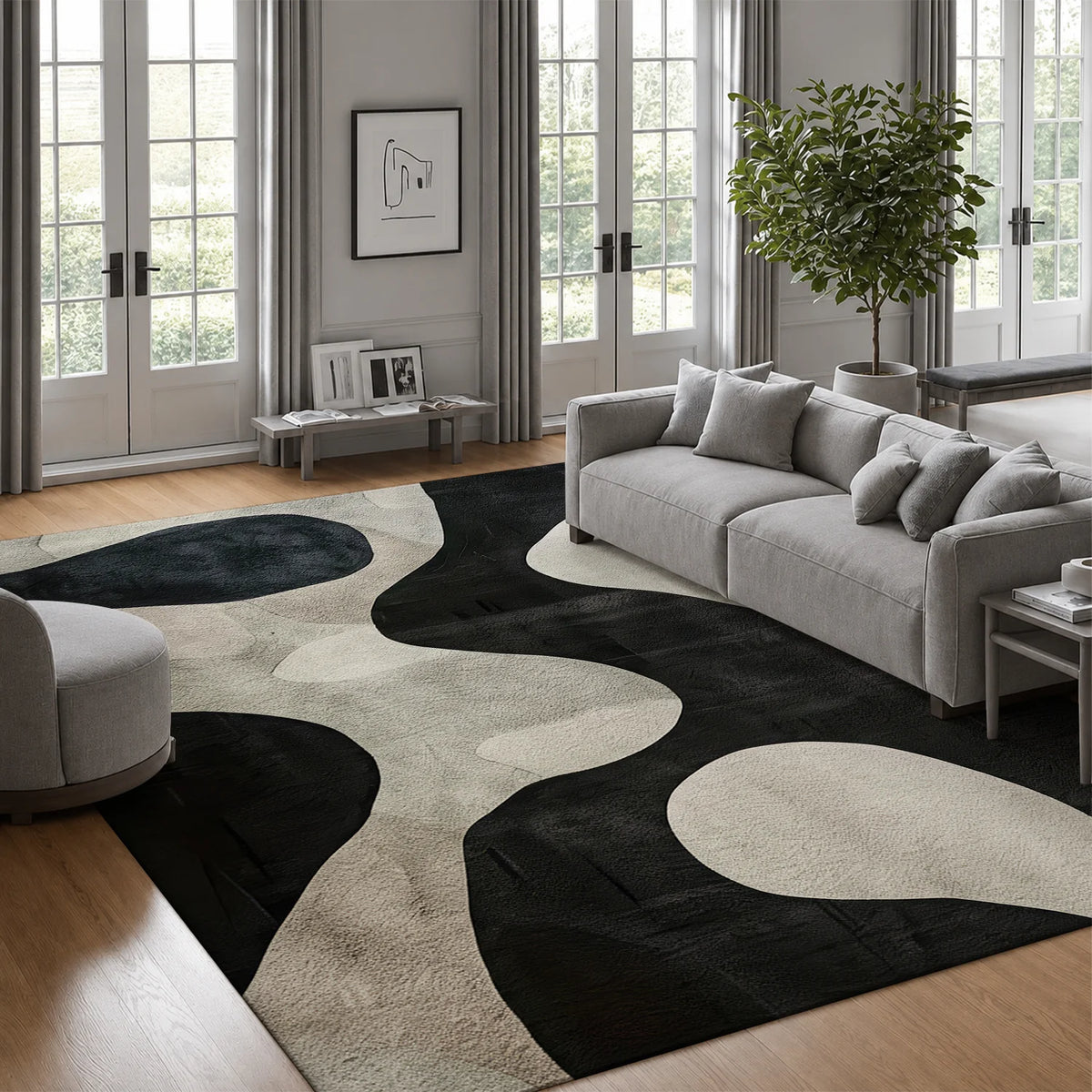 Large Indoor Area Rug, Soft Velvet Low Pile, Non-Slip Dotted Backing, Machine Washable Abstract Organic Black & Cream Pattern Rug for Living Room Bedroom Entryway