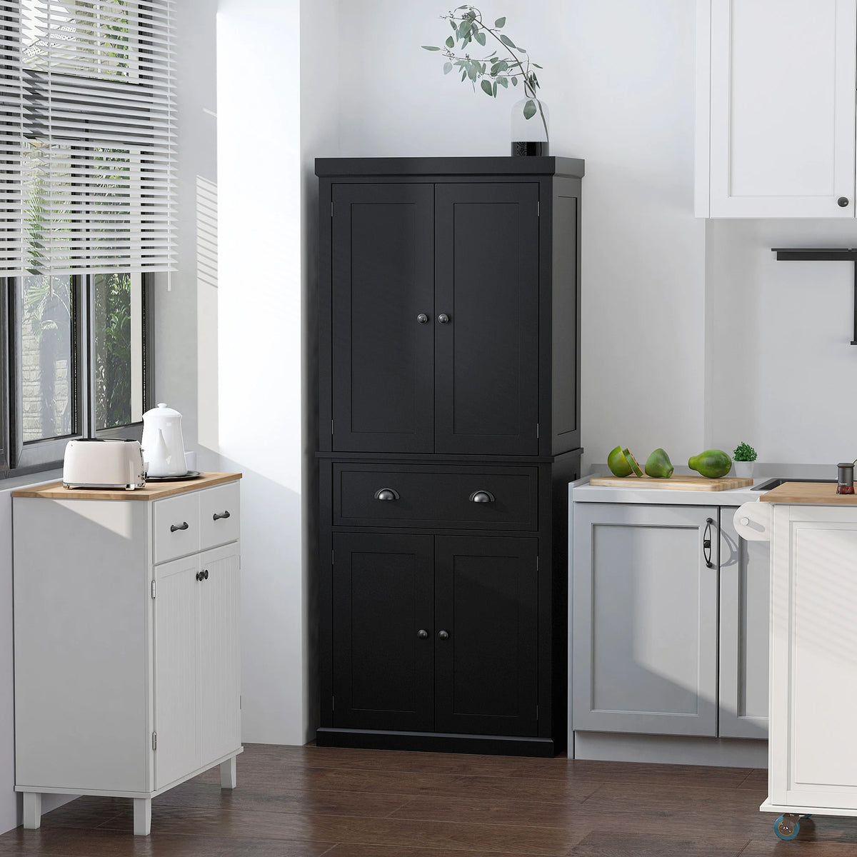 72.5" Kitchen Pantry Cabinet, Traditional Freestanding Storage Cabinet with 4 Doors, Drawer and 3 Adjustable Shelves for Dining Room, Black