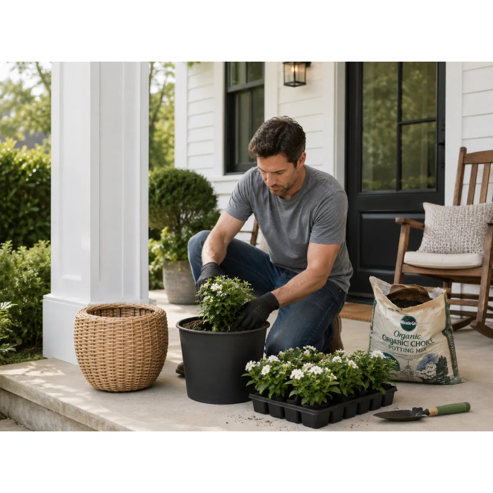 Round Polyrattan Planter, Natural Resin Wicker Plant Pot with Steel Frame – Indoor Outdoor Decorative Basket with Black Insert