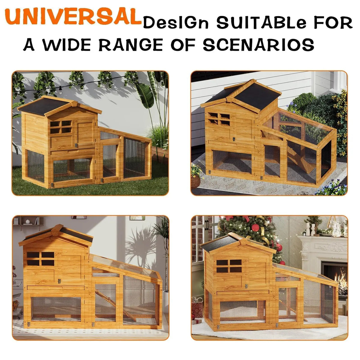 Double Layer Rabbit Hutch – 53.2"l Wooden Bunny Cage with Run, Removable Tray, Weatherproof Asphalt Roof, & Ramp – Indoor/Outdoor Pet House for Rabbits, Guinea Pigs, Chickens