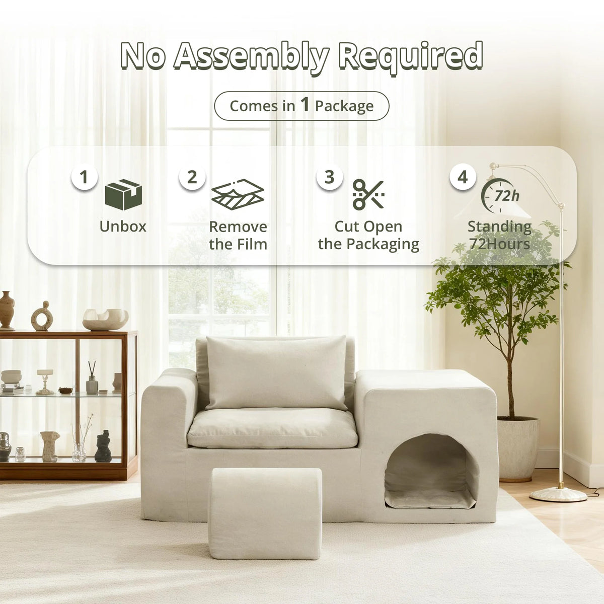 55 Inch Boneless Floor Sofa Chair Beige 4-in-1 Pet-Friendly Human Lounge Seat No Assembly Required Couch for Living Room Bedroom Apartment