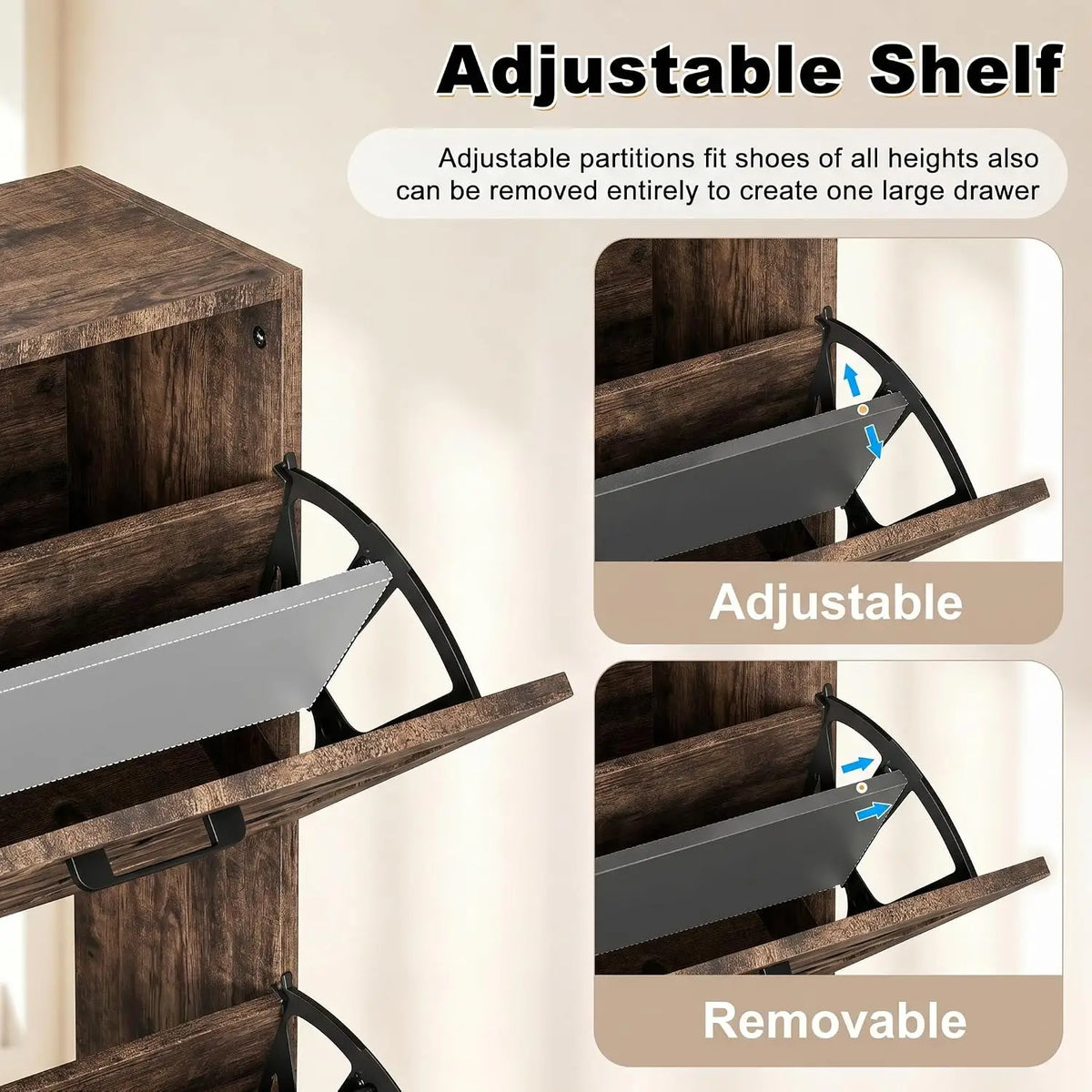 Shoe Cabinet Storage for Entryway with 4 Flip Drawers | Slim Shoe Rack Cabinet with Stylish Handwoven Panel, Farmhouse Shoe Organizer Cabinet for Hallways, Living Rooms Rustic Brown