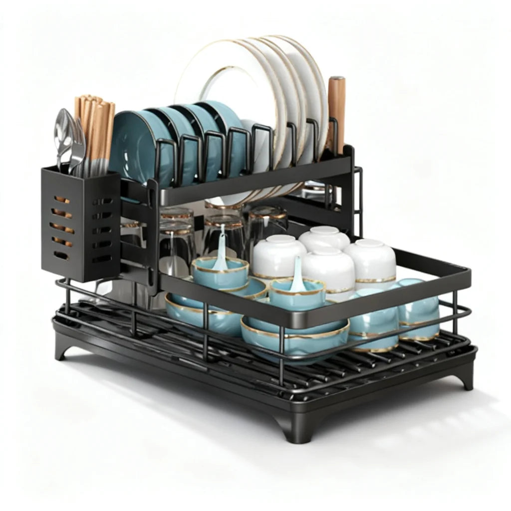 Kitchen Dish Rack 2-Tier Black Rustproof Metal Kitchen Dish Rack for Plates Bowls Cups Drainer Organizer 2026