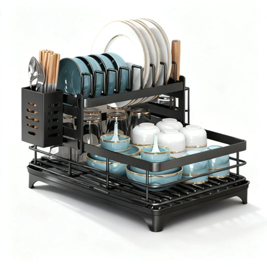 Kitchen Dish Rack 2-Tier Black Rustproof Metal Kitchen Dish Rack for Plates Bowls Cups Drainer Organizer 2026