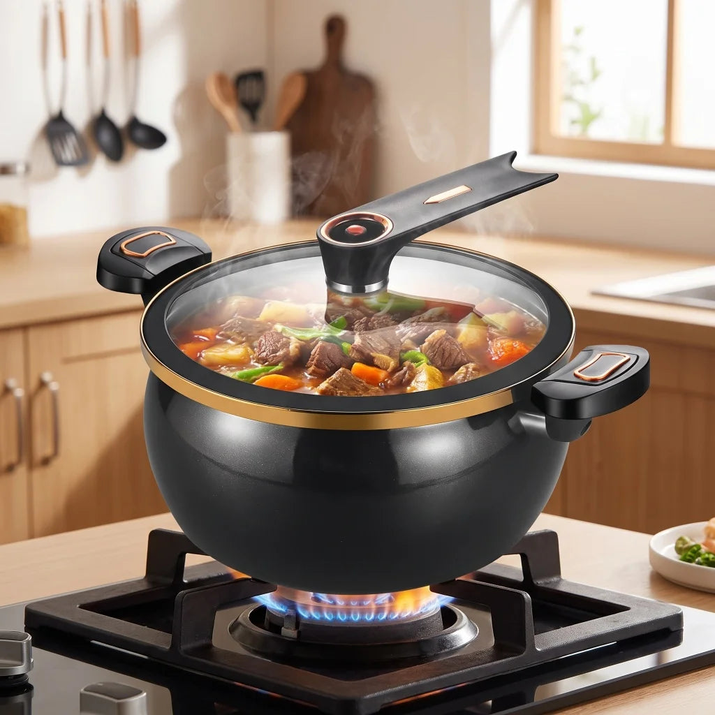 8L Large Black Enamel Micro Pressure Pot Non‑Stick Cookware Fine Iron Pot Body Cast Iron Bottom Glass Cover Universal Stove Compatibility Multi‑Function Stock Pot For Home Kitchen Family Stewing Boiling Braising Cooking U