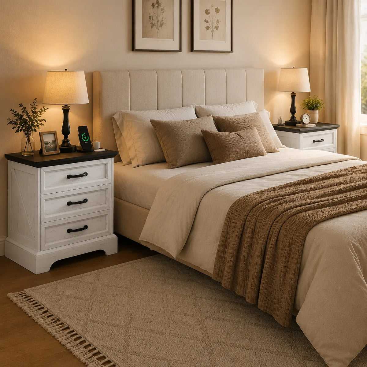 3 Drawer Farmhouse Bedside Cabinet with Charging Station, Storage Nightstand with USB Ports and Power Outlets for Bedroom Home