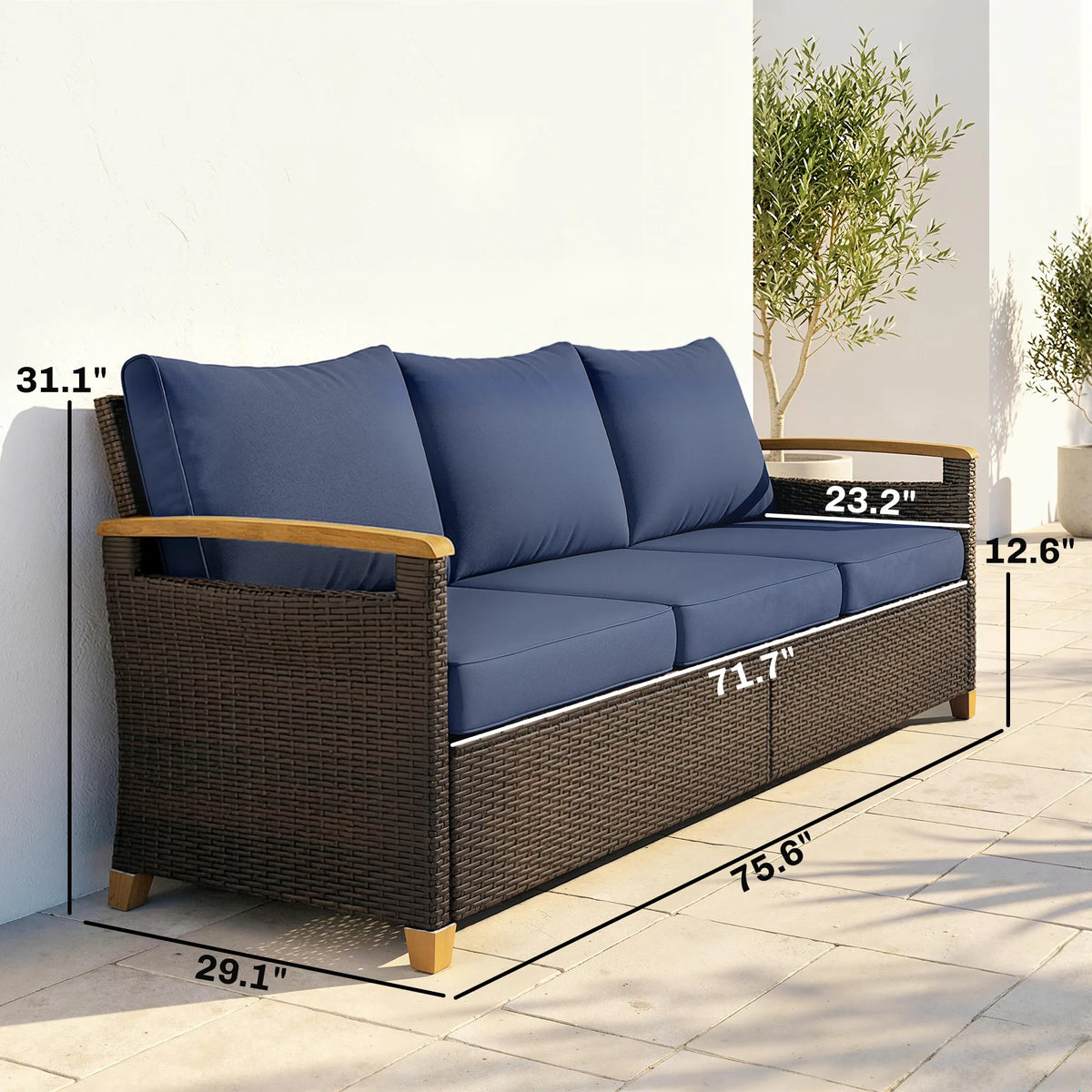 Outsunny 3-Seater Outdoor Sofa with Soft Padded Wide Seats, Dark Blue