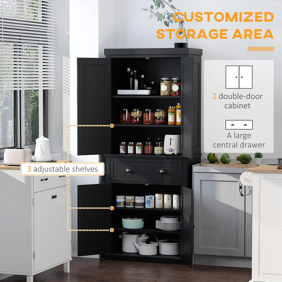 72.5" Kitchen Pantry Cabinet, Traditional Freestanding Storage Cabinet with 4 Doors, Drawer and 3 Adjustable Shelves for Dining Room, Black