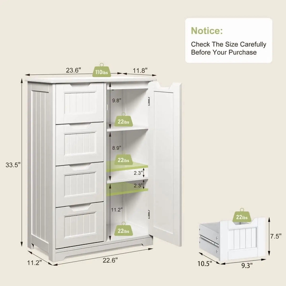 33.5"H Wooden Bathroom Storage Cabinet 4 Drawers with Cupboard and Adjustable Dividers White